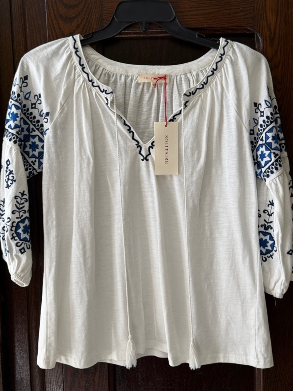 Solitaire White Peasant Blouse with Navy Blue Embroidery